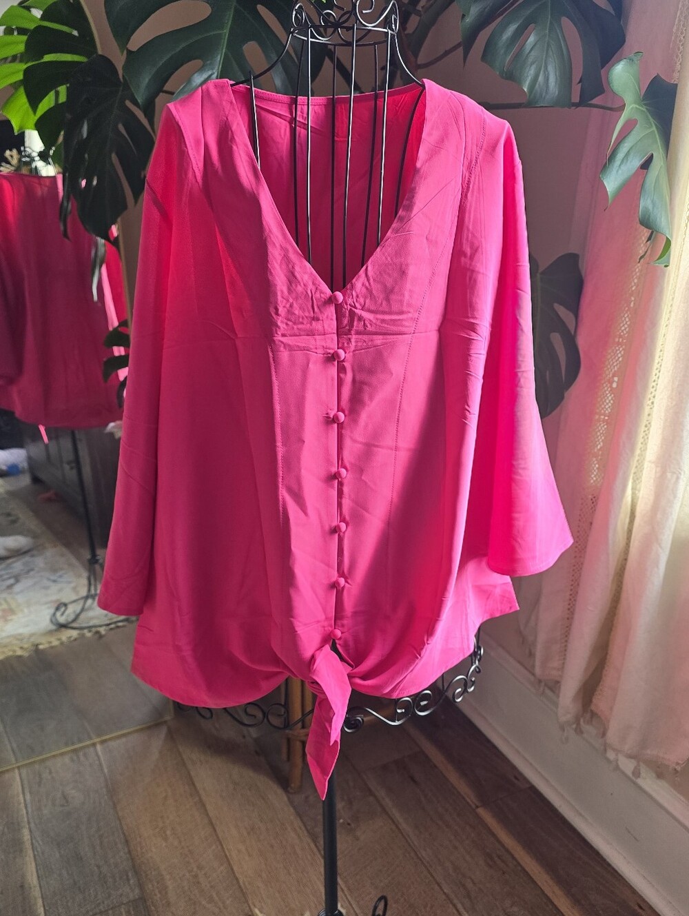 Boutique Hot Pink Bell Sleeve Covered Button Tie Front Blouse Top XL
